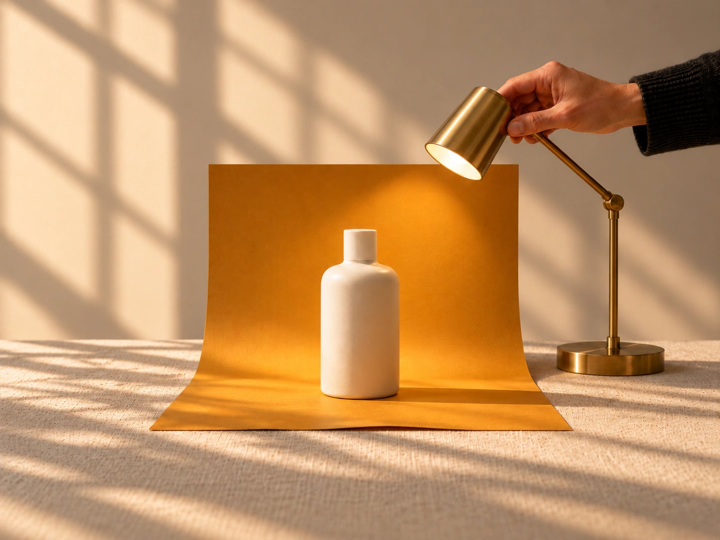 A white bottle on an amber paper sweep lit by a brass desk lamp — in-house creative production