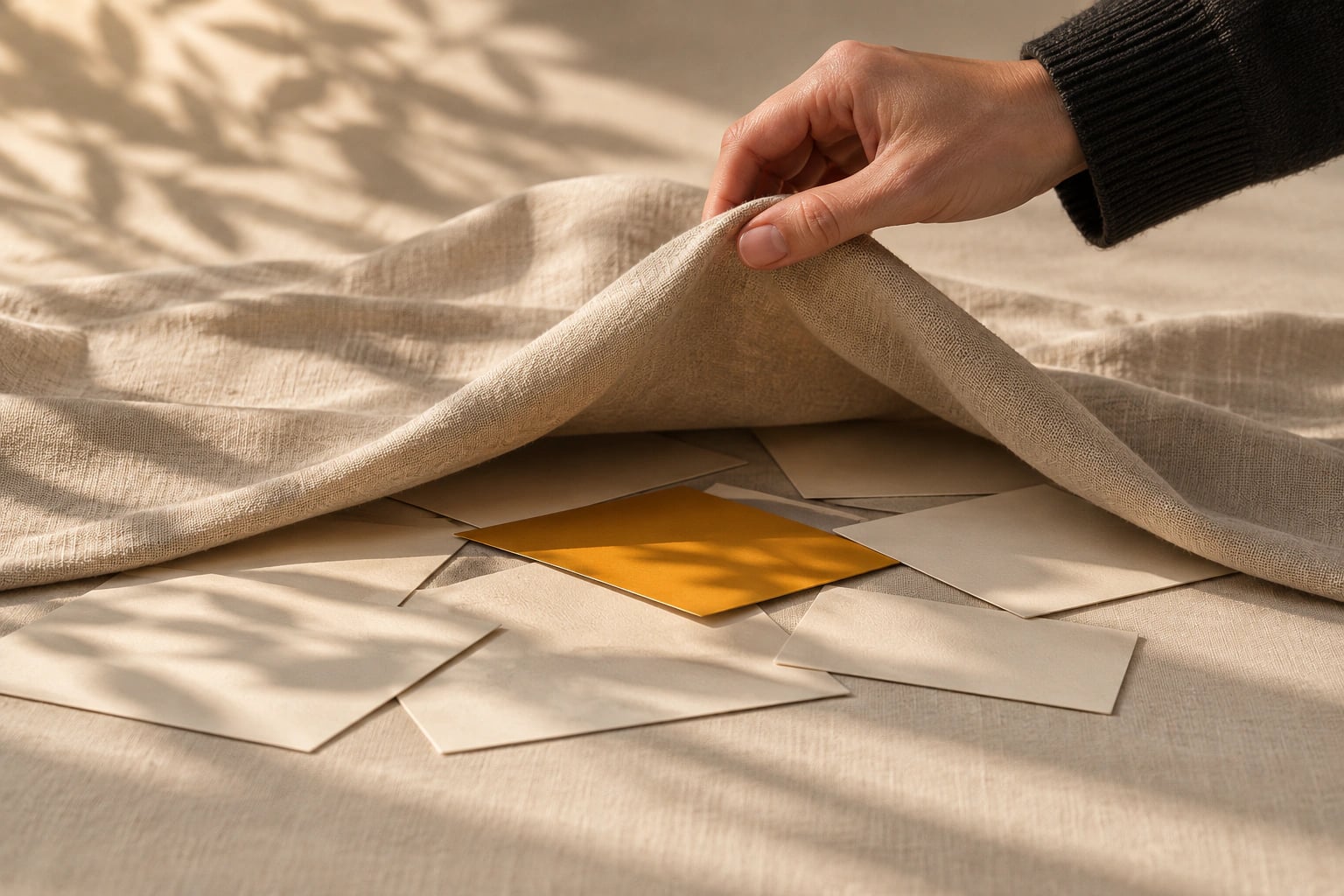 A hand lifting a linen cloth to reveal an amber card among scattered paper cards — the discovery audit