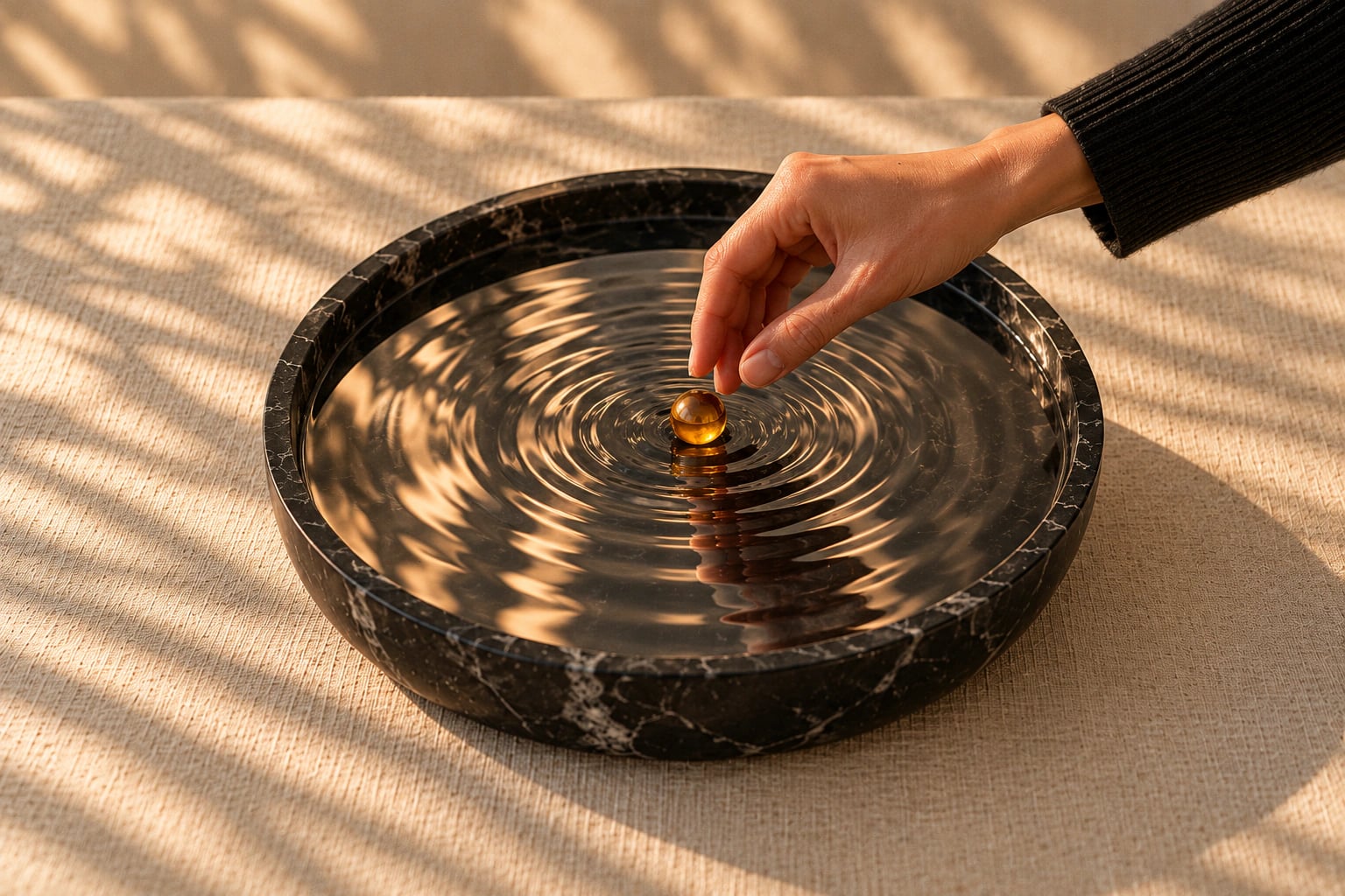An amber stone dropped into a black marble bowl of water, ripples spreading outward — compounding monthly growth
