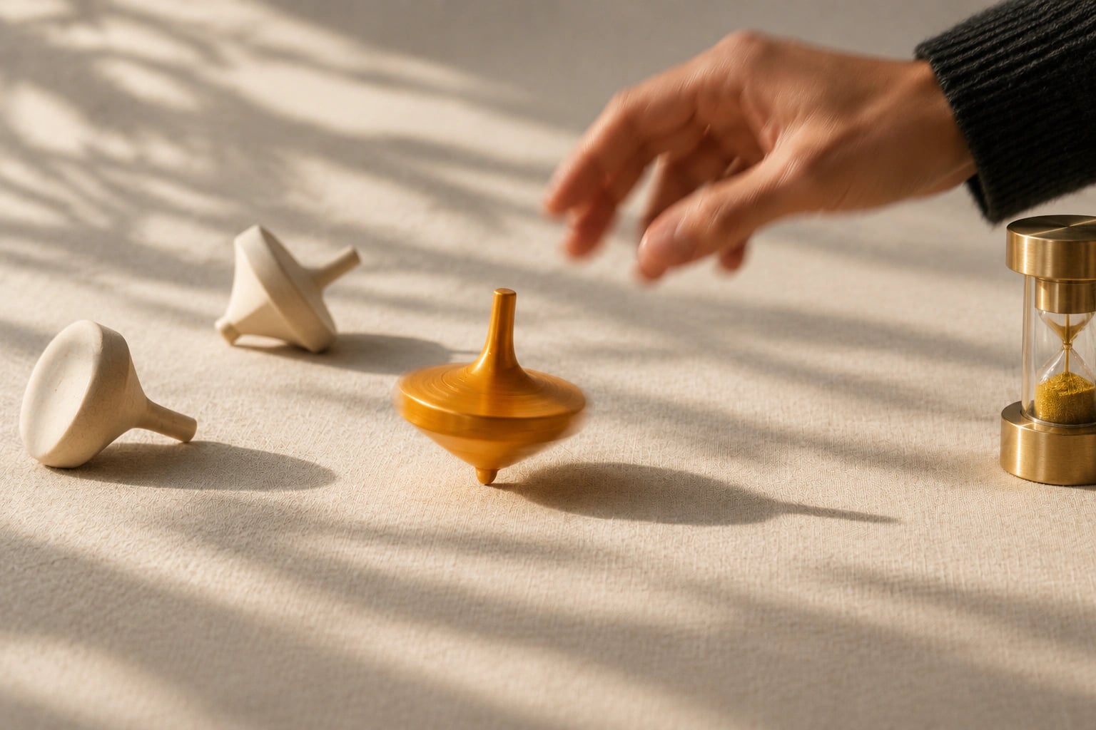An amber spinning top just released by a hand, spinning beside two still tops — the moment a campaign goes live