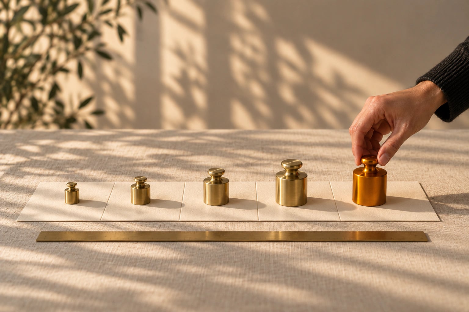 Brass weights of rising size set across a five-column paper timeline, the last one amber — channels, budget and timeline planned