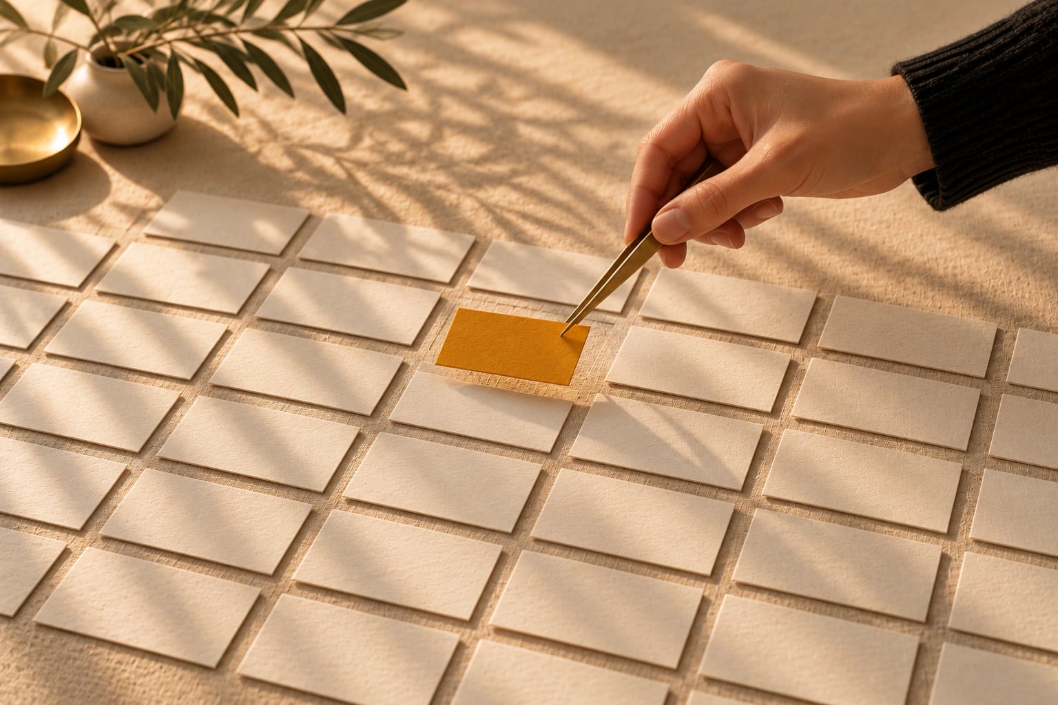 Brass tweezers lifting the single amber card from a grid of identical cards — AI speed, human judgement