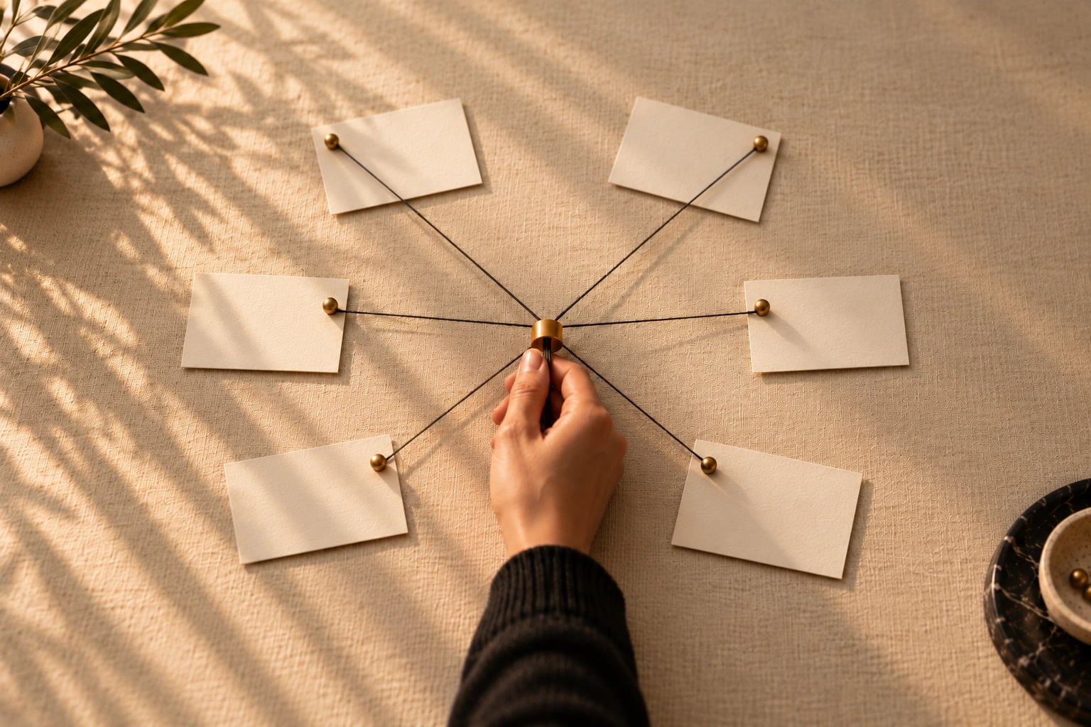 Threads from six pinned cards all gathered into one hand — one accountable team, no hand-offs