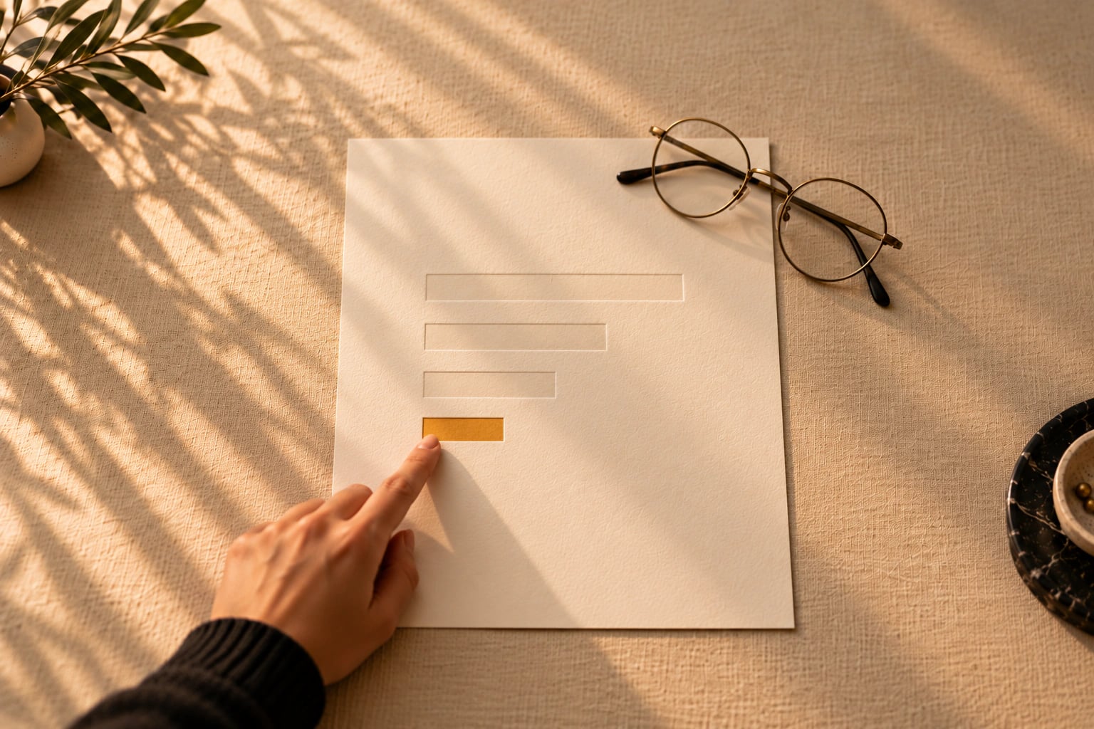 A finger pointing at the one amber bar on a plain report sheet beside reading glasses — results in plain language