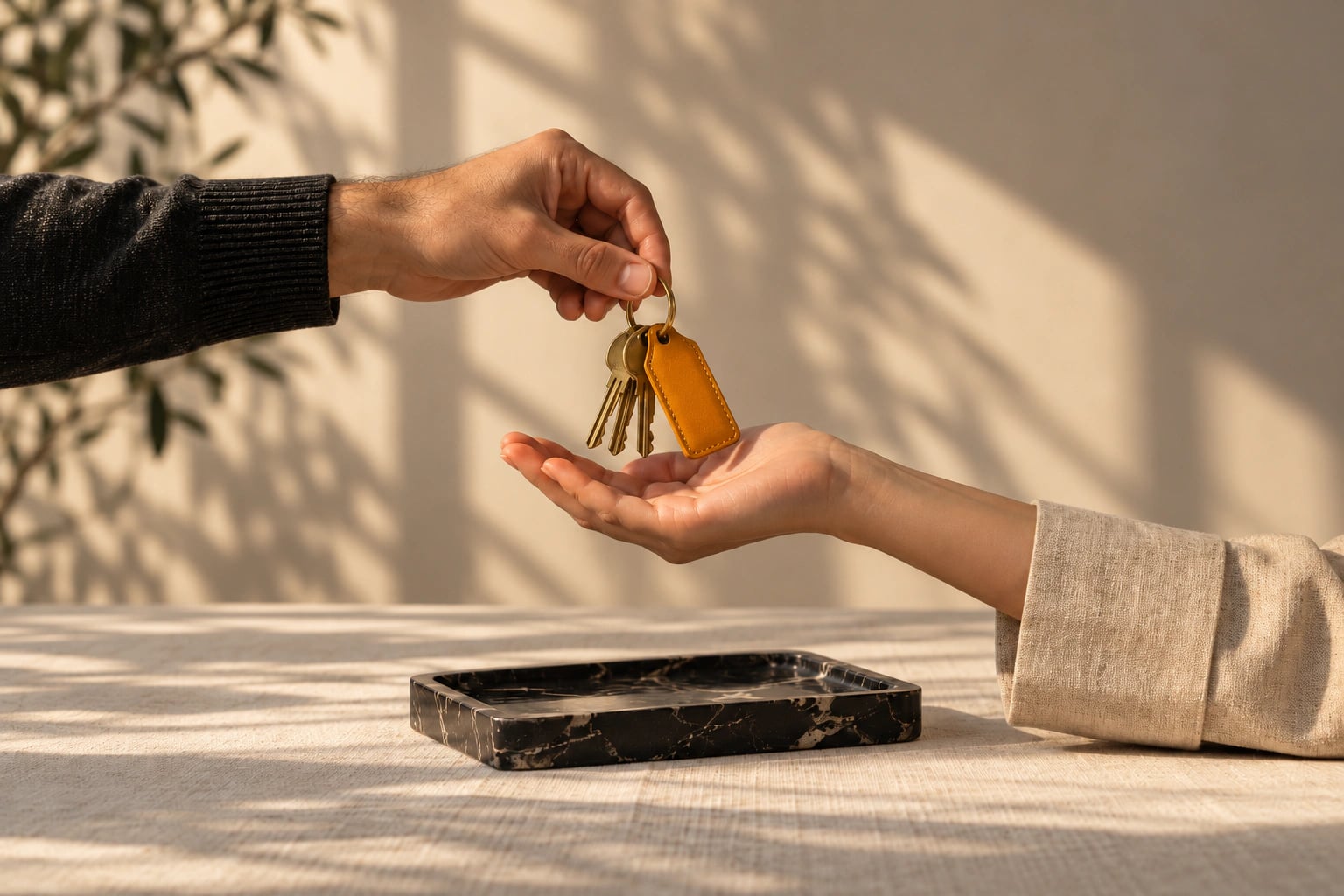 A ring of brass keys with an amber tag placed into an open palm — you own your accounts and assets