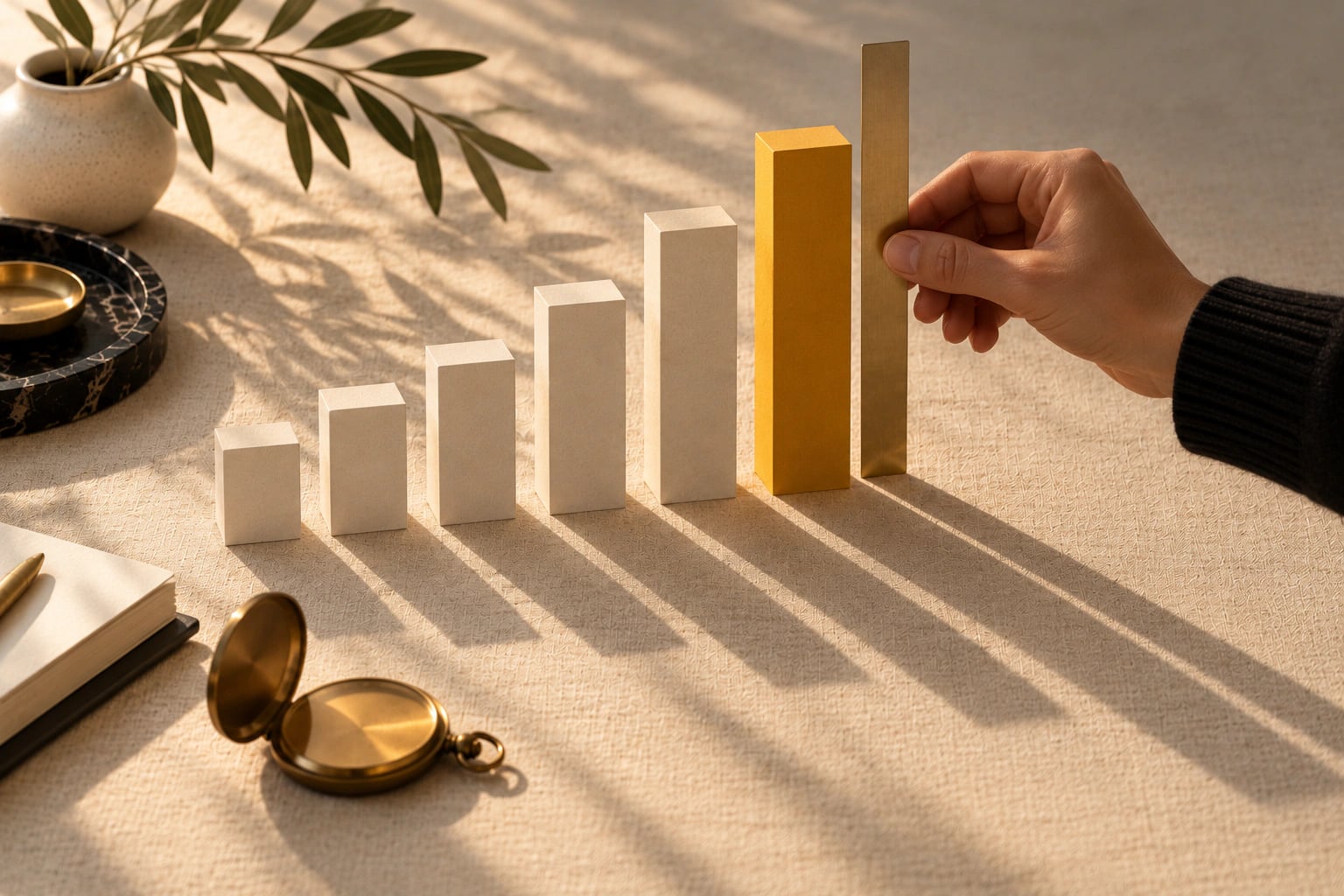 Paper blocks standing as a rising bar chart, a hand measuring the tallest amber bar with a brass ruler — analytics and reporting