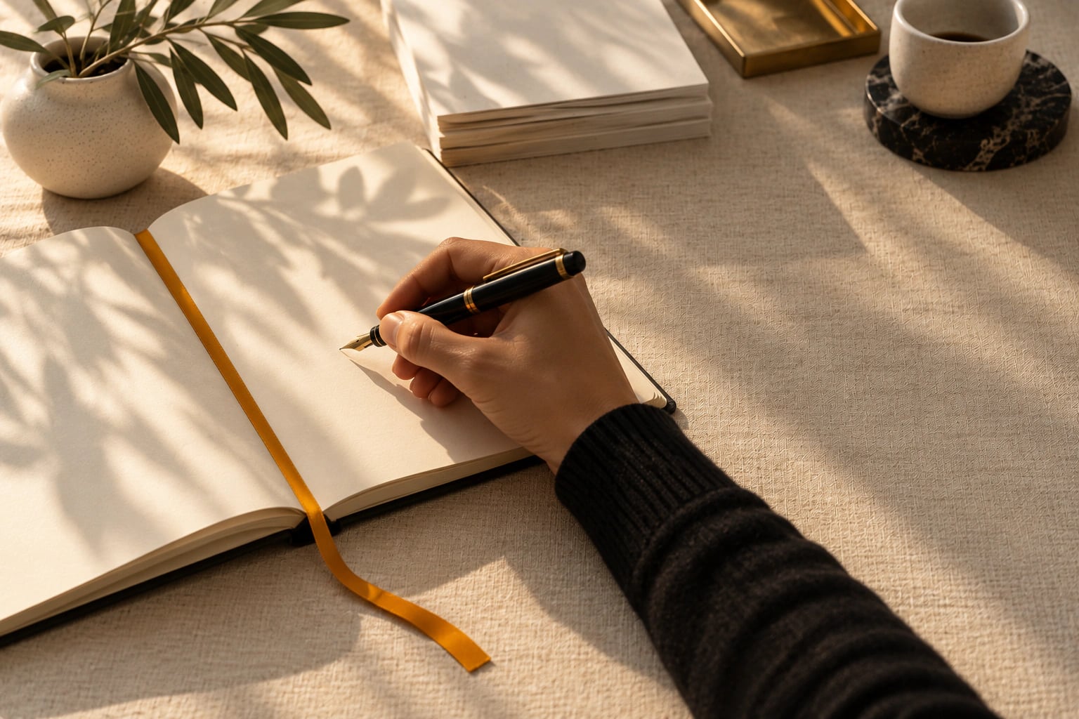 A hand about to write in a blank notebook with a fountain pen and an amber ribbon bookmark — content writing